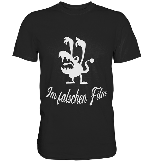 Schwarzes T-Shirt mit grimmigem Monster und Schriftzug „Im falschen Film“