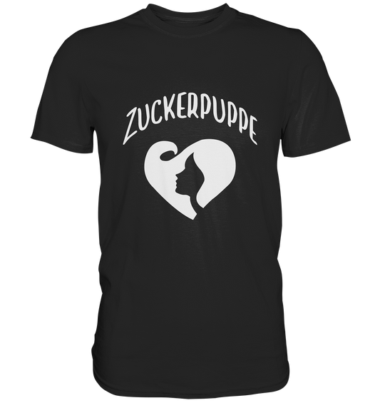 Schwarzes T-Shirt mit weißem Schriftzug „Zuckerpuppe“ und stilisiertem Frauengesicht auf der Vorderseite