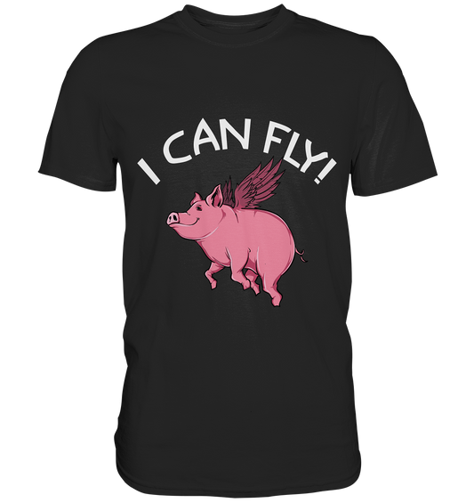 Schwarzes T-Shirt mit fliegendem rosa Schwein und Schriftzug „I can fly!“, witzig und inspirierend.