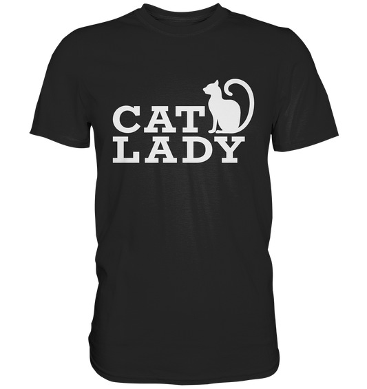 T-Shirt mit Schriftzug „Cat Lady“ und kleiner Katze, schlichtes minimalistisches Design, Statement Shirt.