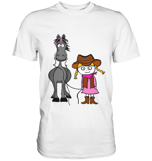T-Shirt mit liebevollem Motiv: Western-Mädchen mit Ranch-Pferd – ohne Schrift