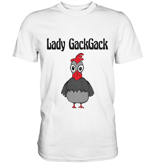 Weißes Shirt mit verrückter Henne und Schriftzug Lady Gackgack