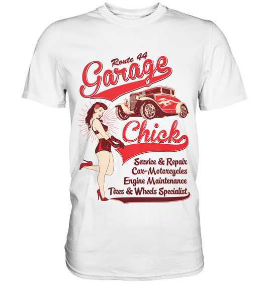 Weißes T-Shirt mit Pinup Girl im Rockabilly-Garagenstil – sexy Retro-Motiv im Vintage-Design.