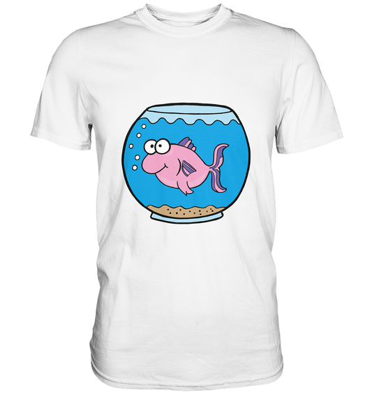 Schwarzes Shirt mit witzigem Motiv: Kleiner Fisch schwimmt in einem Trinkglas, minimalistisch und verspielt.