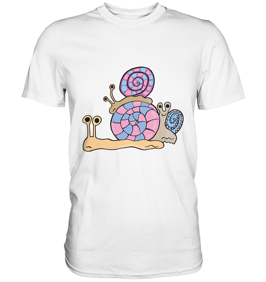 Weißes Shirt mit drei niedlichen Schnecken in Pastellfarben, süßes Tiermotiv.