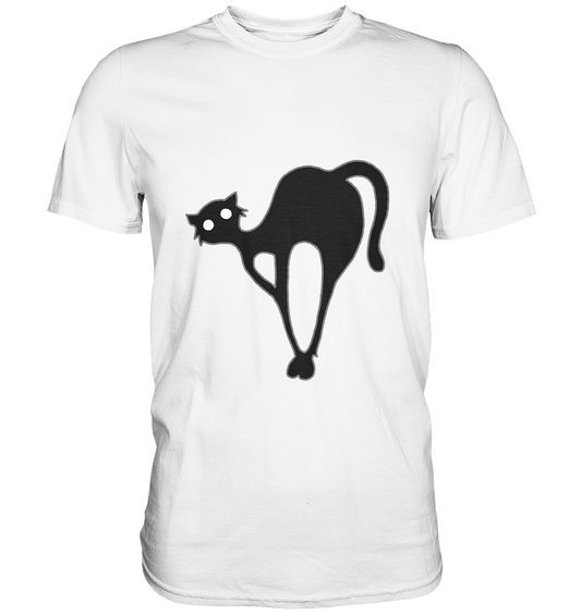 Weißes T-Shirt mit schwarzer Katze im Katzenbuckel, minimalistisches Black Cat Design.