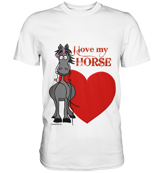 T-Shirt mit grauem Pferd und rotem Herz – süßes Motiv für Pferdefans mit Herz