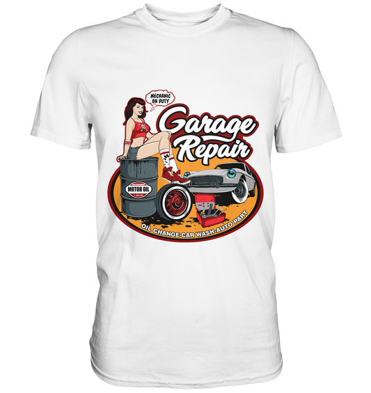 T-Shirt (weiß) mit Rockabilly Pinup Girl und Hotrod im Retro-Garagenstil – sexy & stilvoll im Fifties-Look.