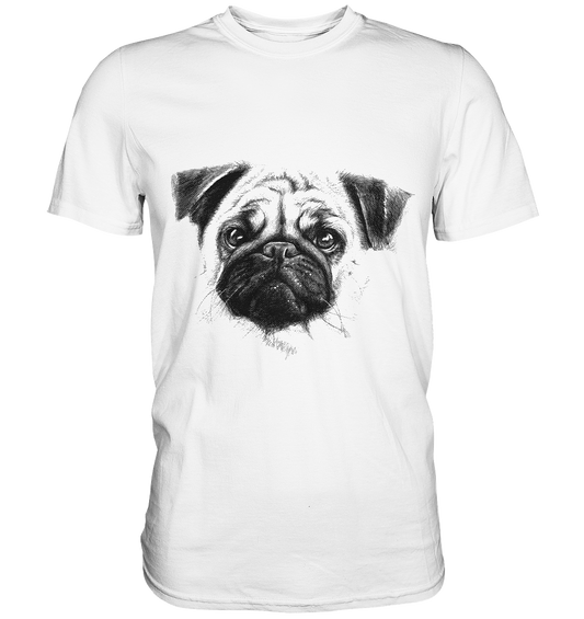 Weißes T-Shirt mit Mopsgesicht als Motiv – ohne Schrift, minimalistisch und charmant.