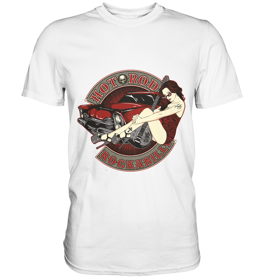 Weißes T-Shirt mit Pinup Girl und Hotrod im Rockabilly-Stil – Retro-Fifties-Motiv mit Vintage-Flair.