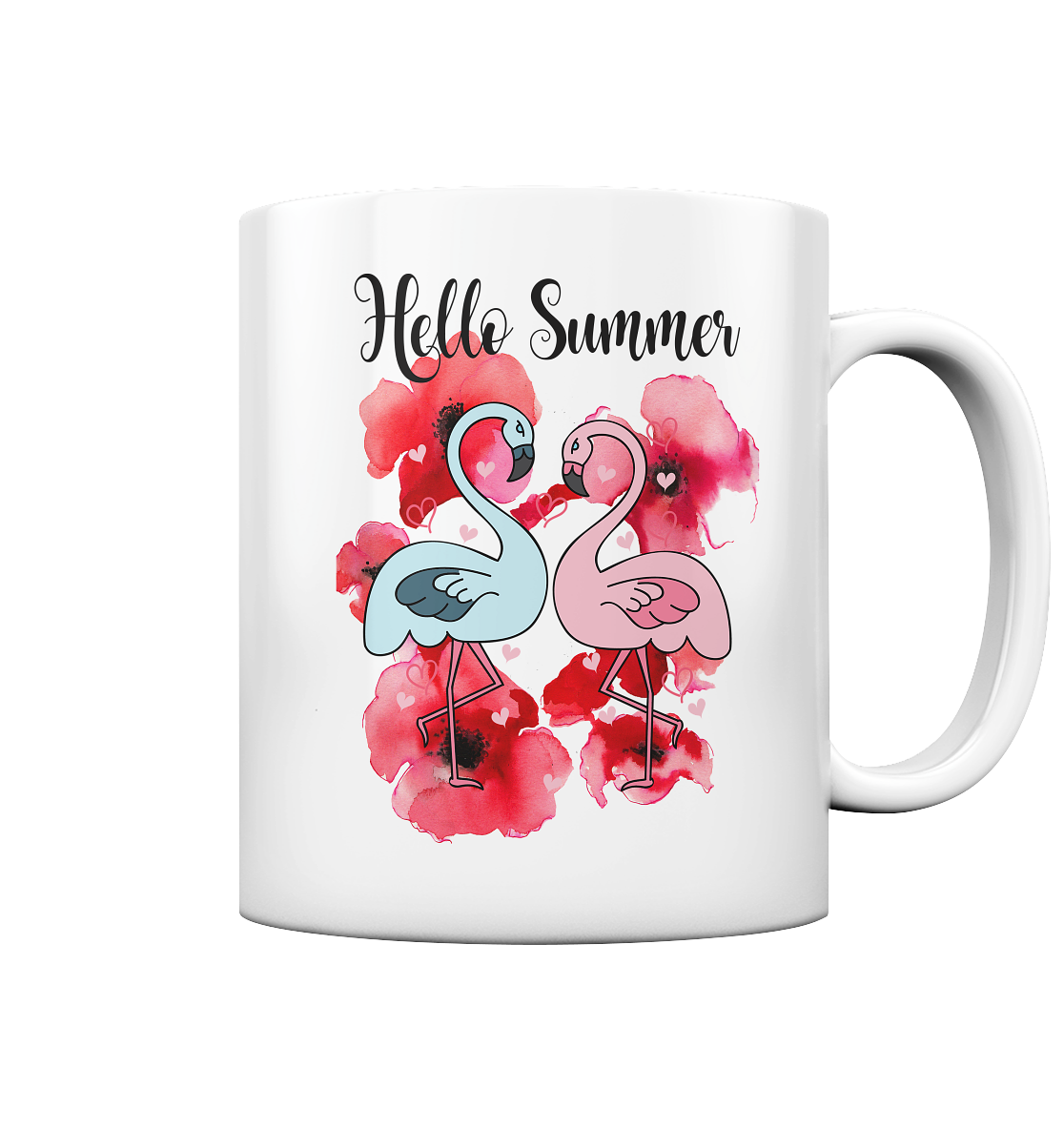 Hello Summer. Zwei Flamingos mit Hibiskus - Tasse glossy